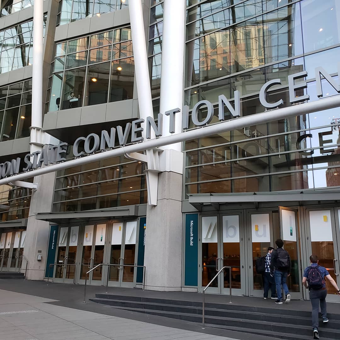 A photo of the entrance of the Washington State Convention Center decorated for Microsoft Build 2019.